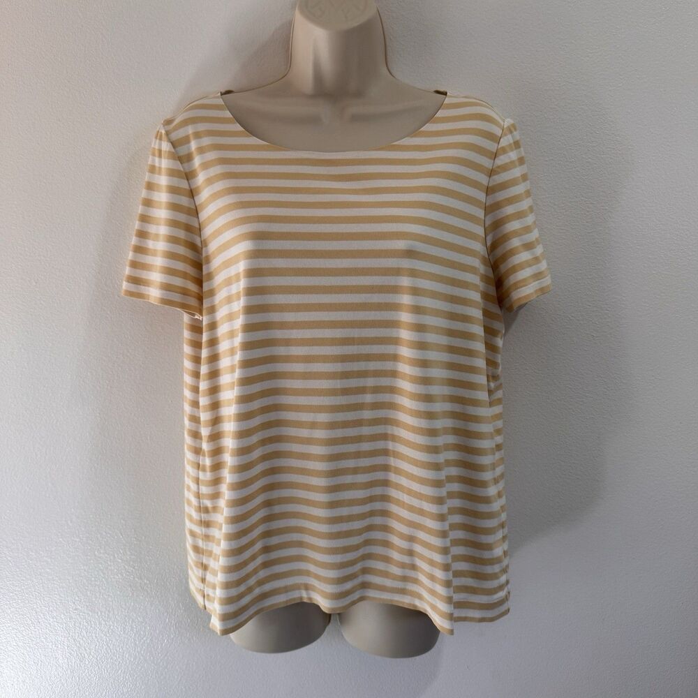 Lafayette 148 New York T-shirt M Striped Tan White Stretch Boat Neck Nautical